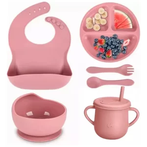 Set De Vajilla Silicona Para Bebés Babero Y Cubiertos